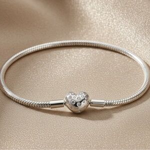 Pandora Style 925 Sterling Silver Heart Bracelet With Sparkling Cz Crystals